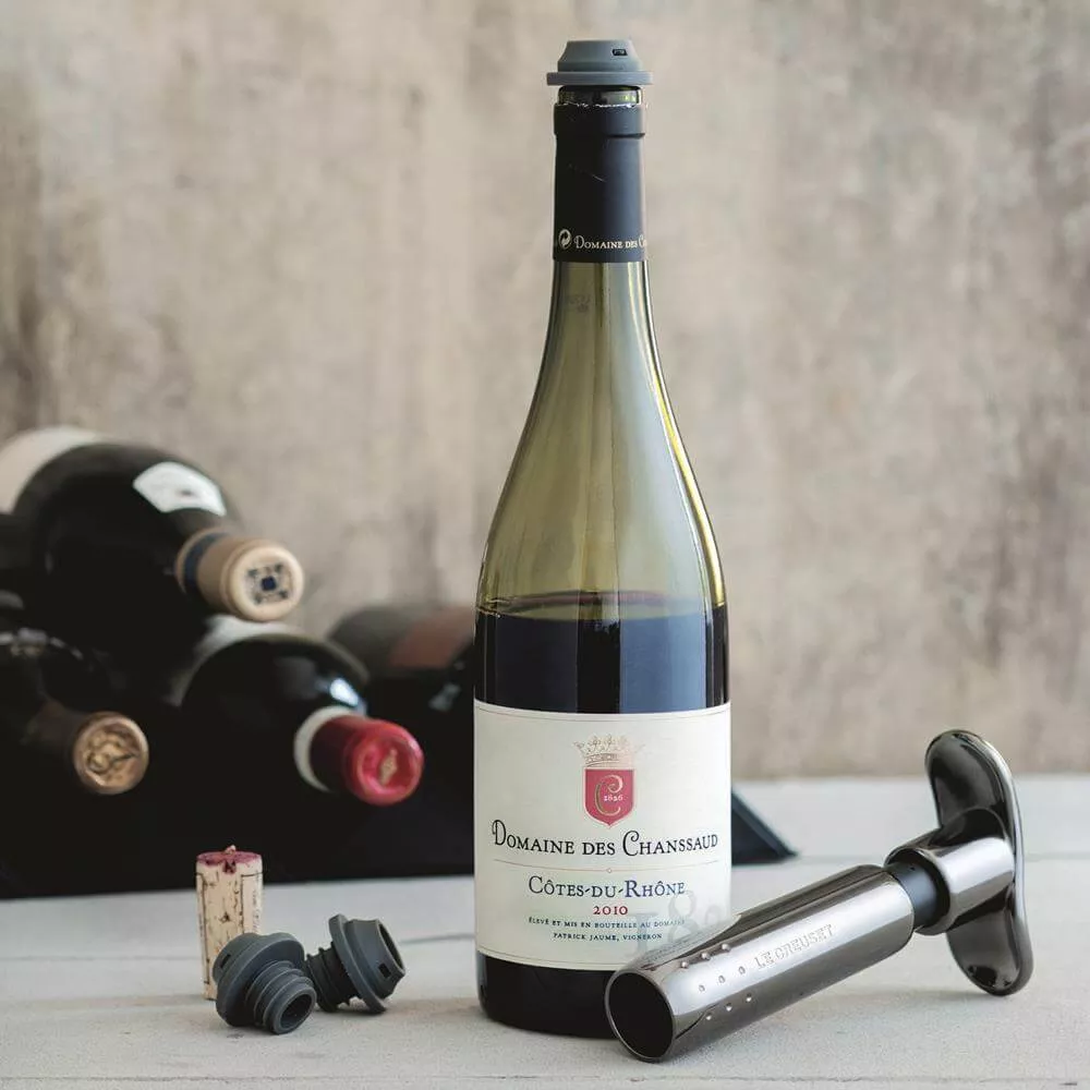 Le Creuset WA-137 Black Nickel Metal Wine Pump and 3 Stoppers 